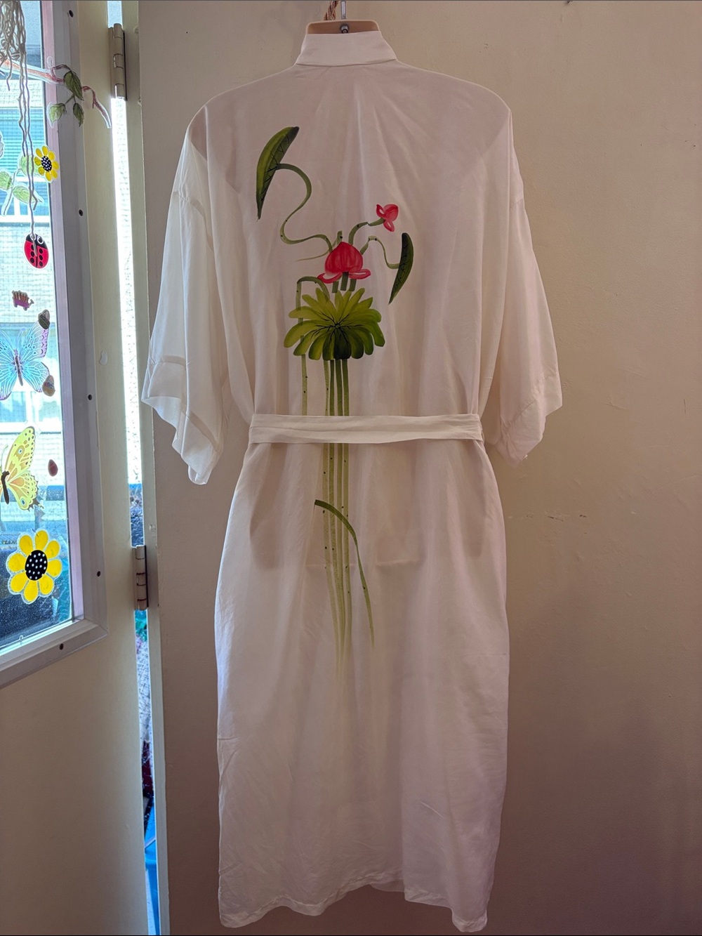 White Floral Kimono Robe with Green and Pink Botanical Print. 100. Silk - Picture 2 of 4